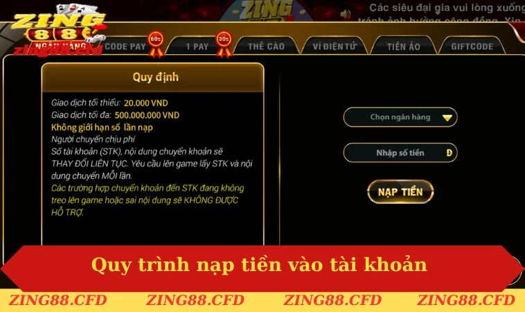 Quy trình nạp tiền vào tài khoản với nhiều phương thức